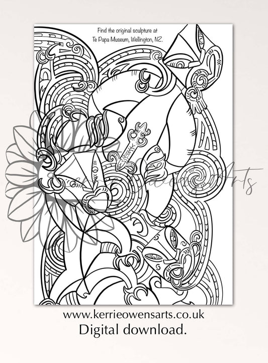 Wall of ancestors of Te Papa colouring book page, digital download.