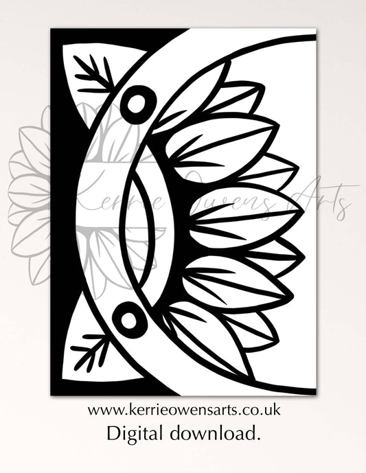 Nautical port hole sunflower colouring book page, digital download.