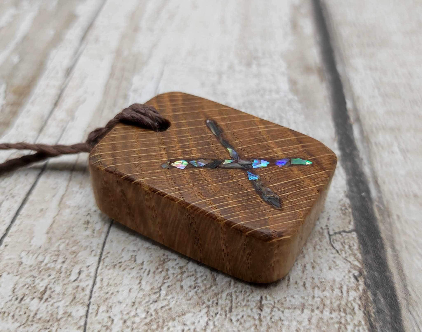 Oak wood gebo rune Christmas decoration with Pāua shell.