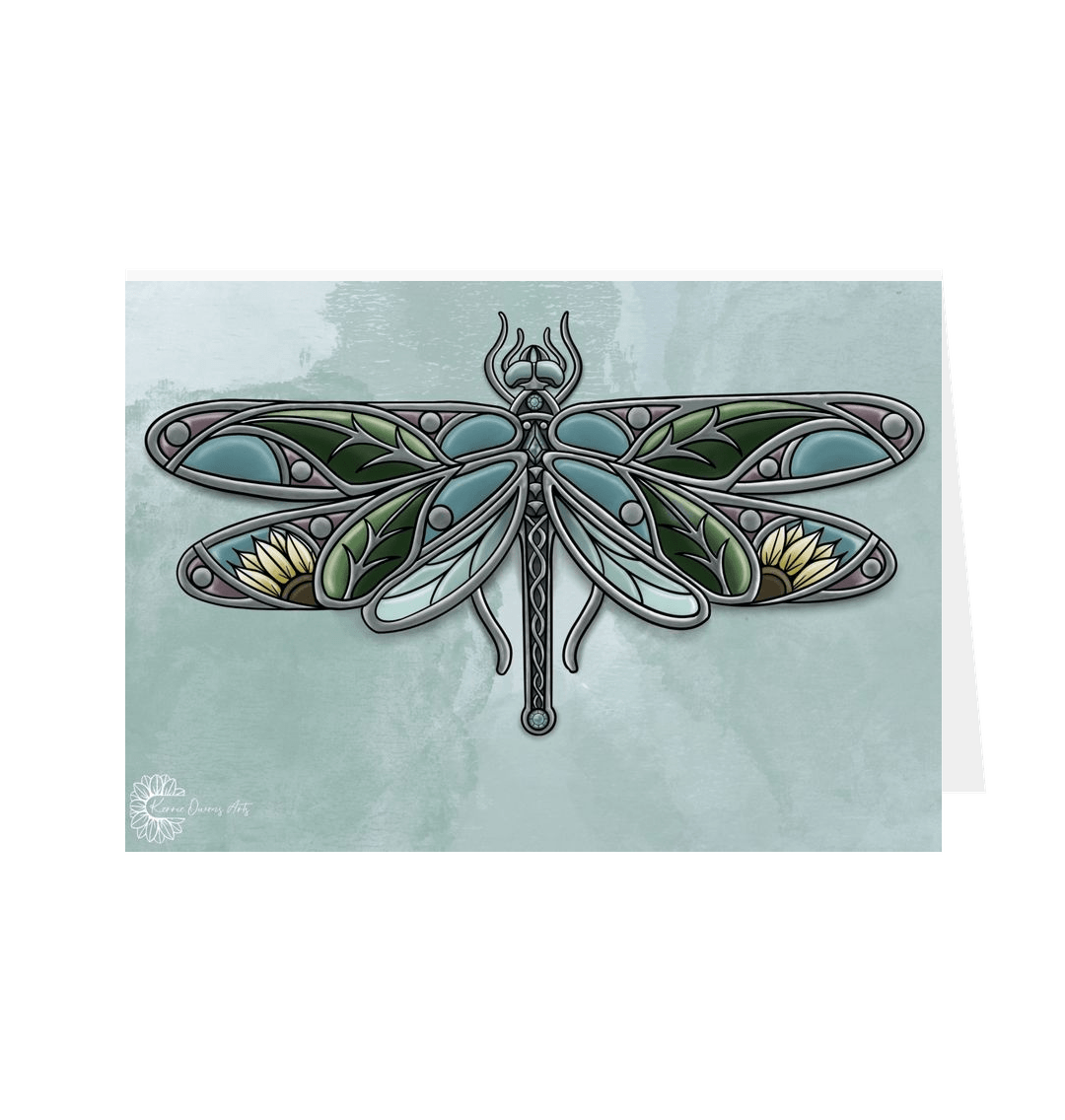 White Enamelled dragonfly greetings card.