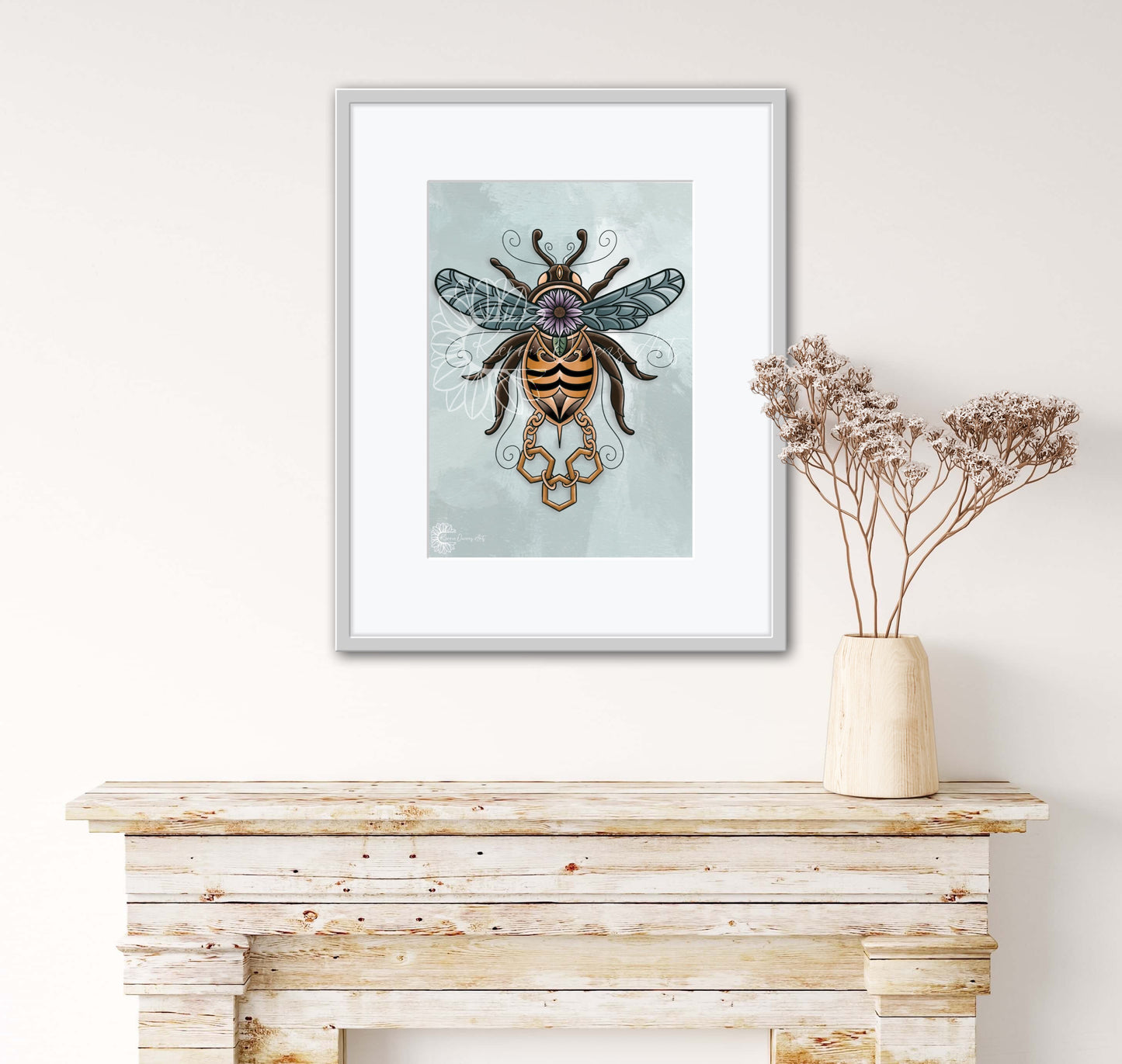 Gilded bumble bee, printed digital illustration.