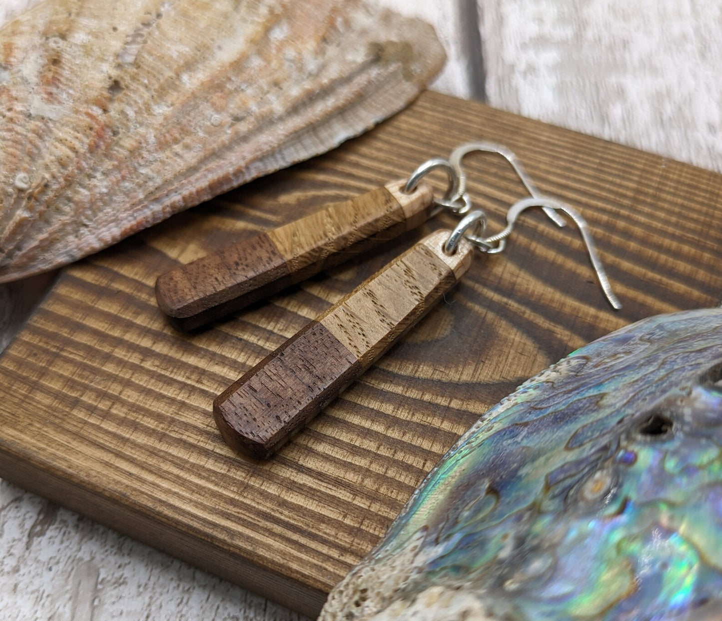 Mixed wood roimata teardrop earrings.