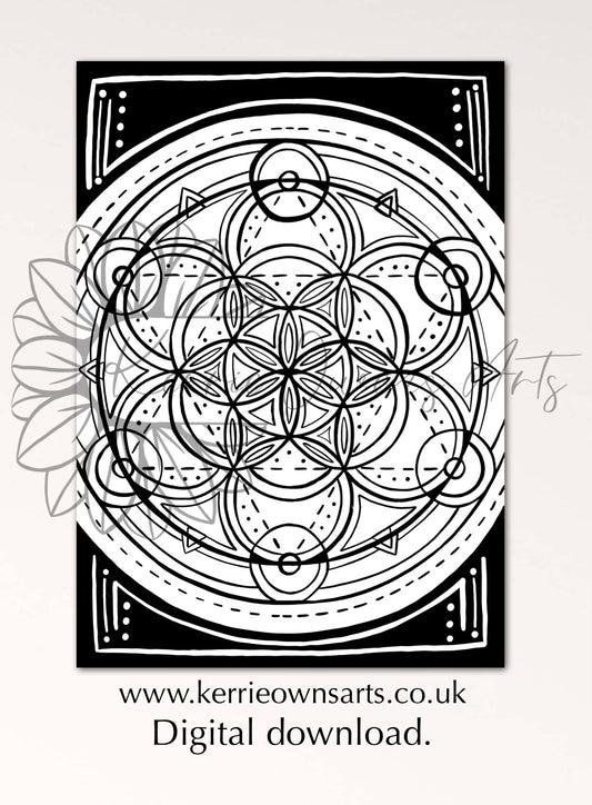 Geometric colouring book page, digital download.