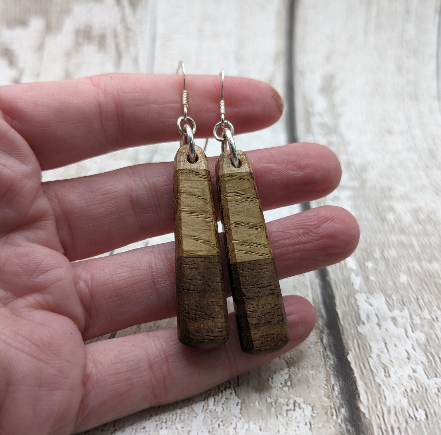 Mixed wood roimata teardrop earrings.