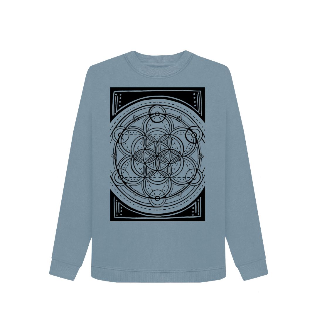 Stone Blue Ladies geometric flower of life sweatshirt.