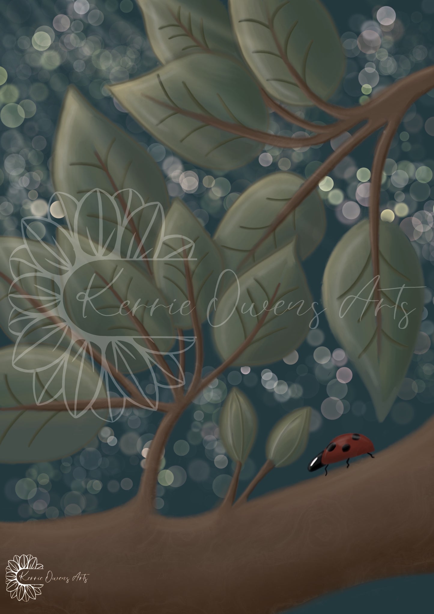 Woodland night magic digital illustration poster print.