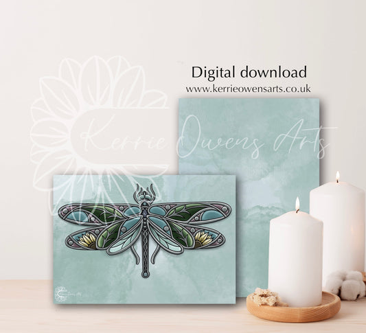 Stained glass dragon fly, digital downloads tattoo bundle and wall art.