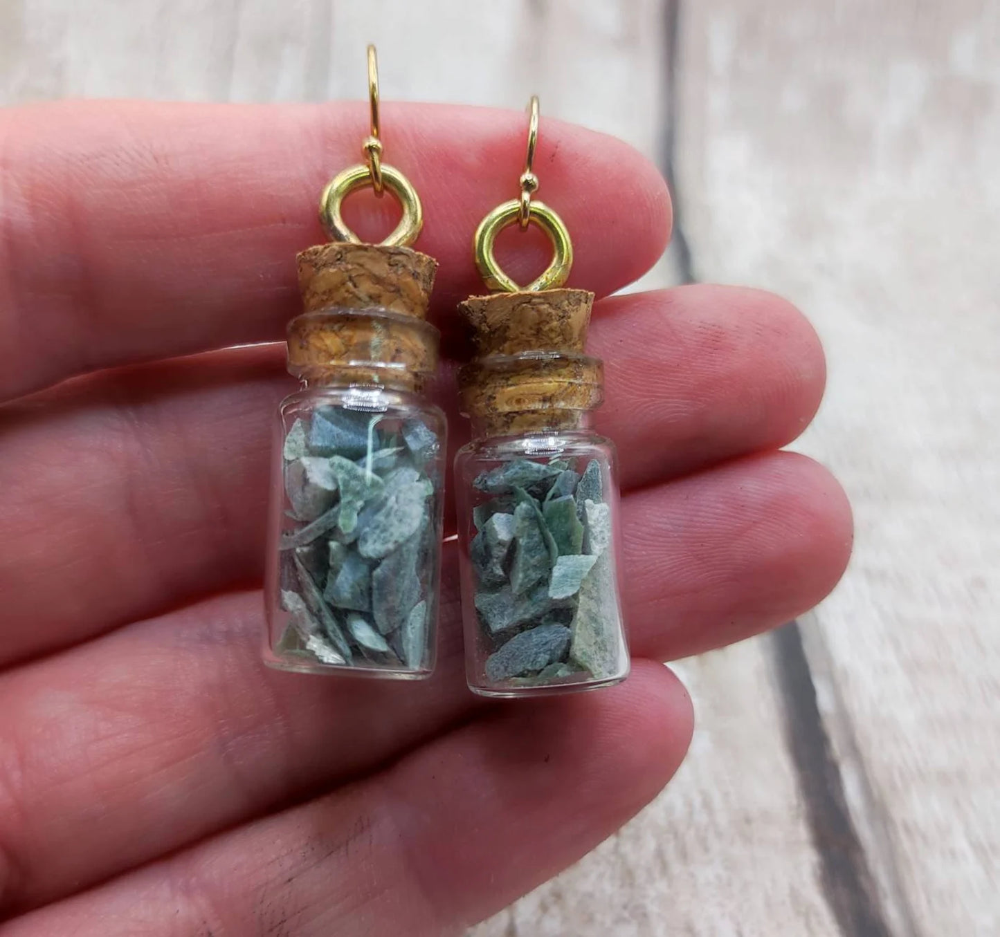 Mixed New Zealand Pounamu Greenstone chips in a bottle earrings.