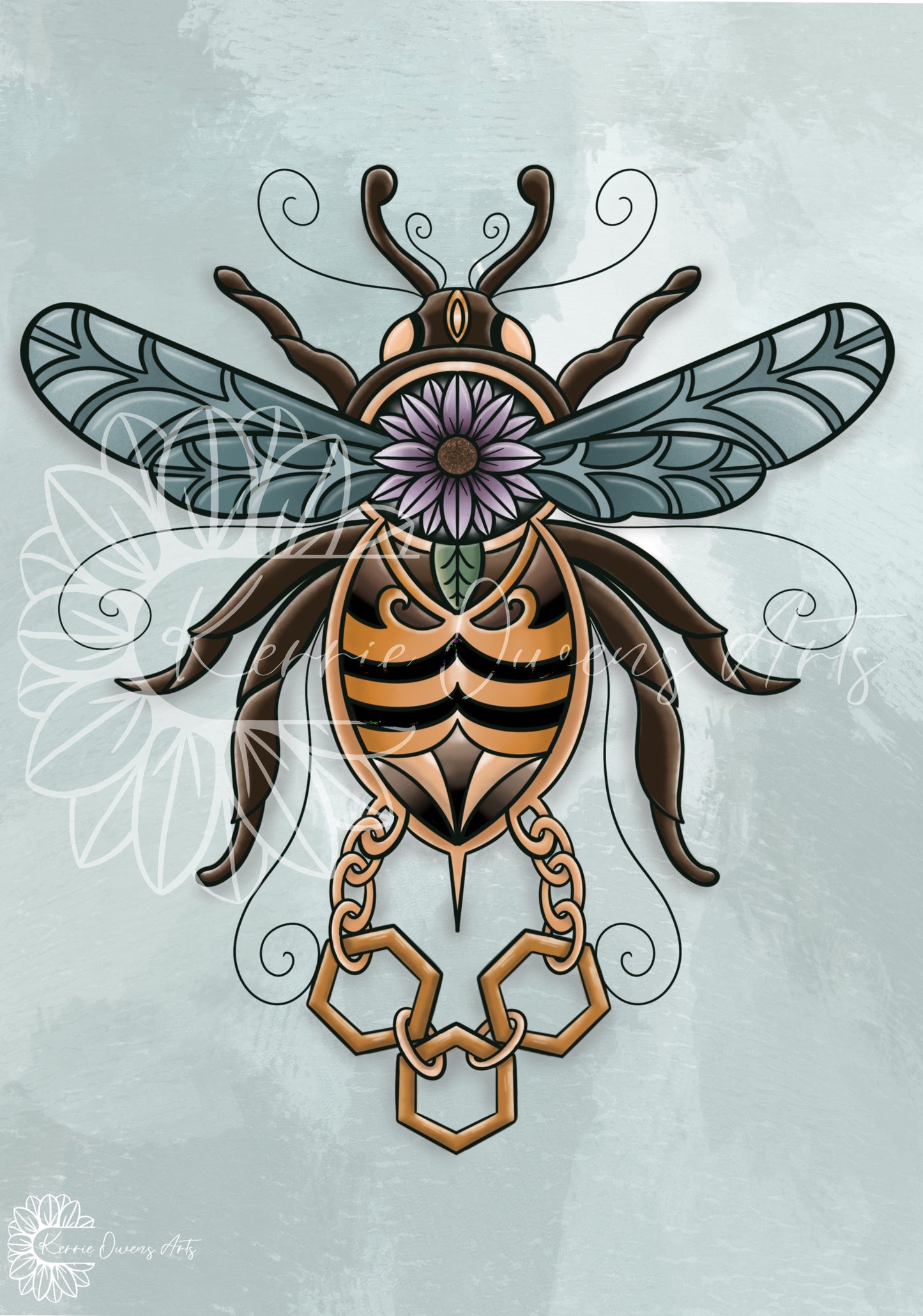 Gilded bumble bee, printed digital illustration.