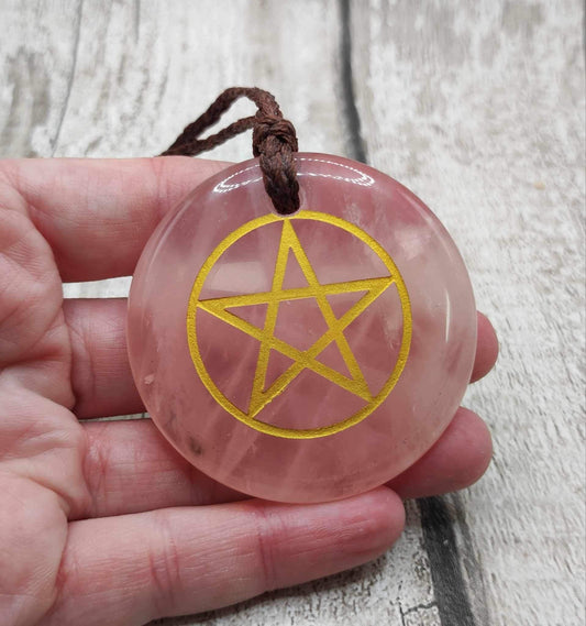 Rose quartz pentagram statement disc pendant.