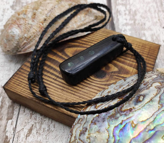 Bog oak with nz Pounamu serpentine, roimata pendant.