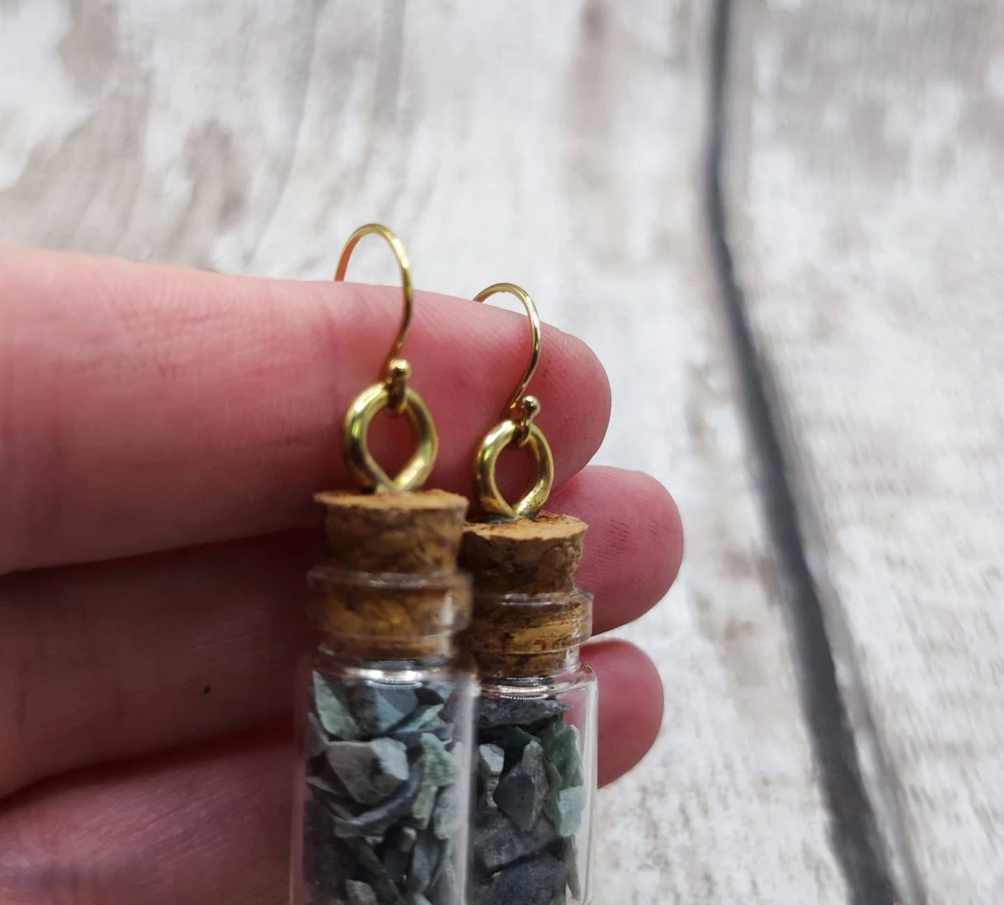 Mixed New Zealand Pounamu Greenstone chips in a bottle earrings.