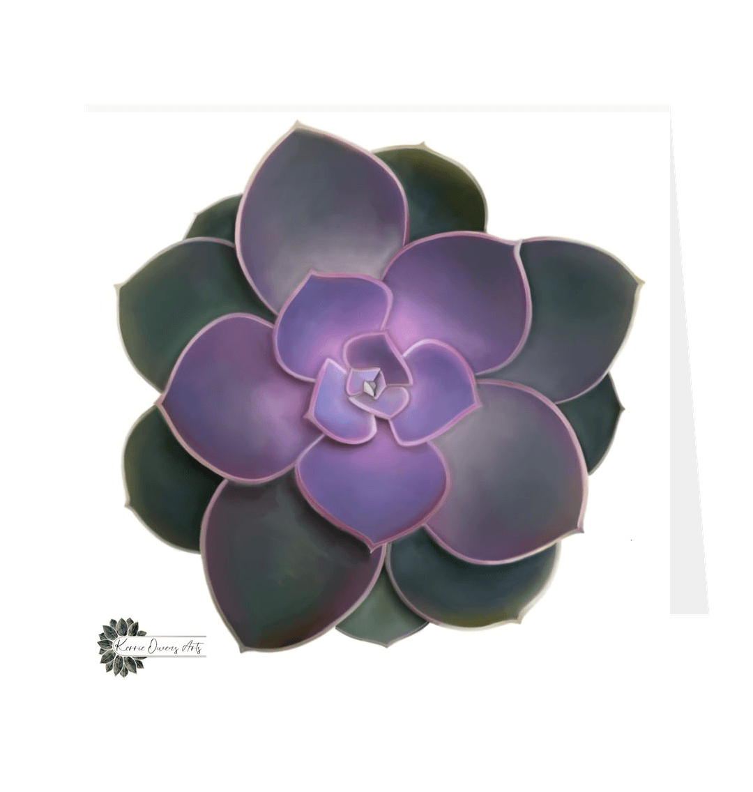 White Dark Purple and green succulent plant greetings card.