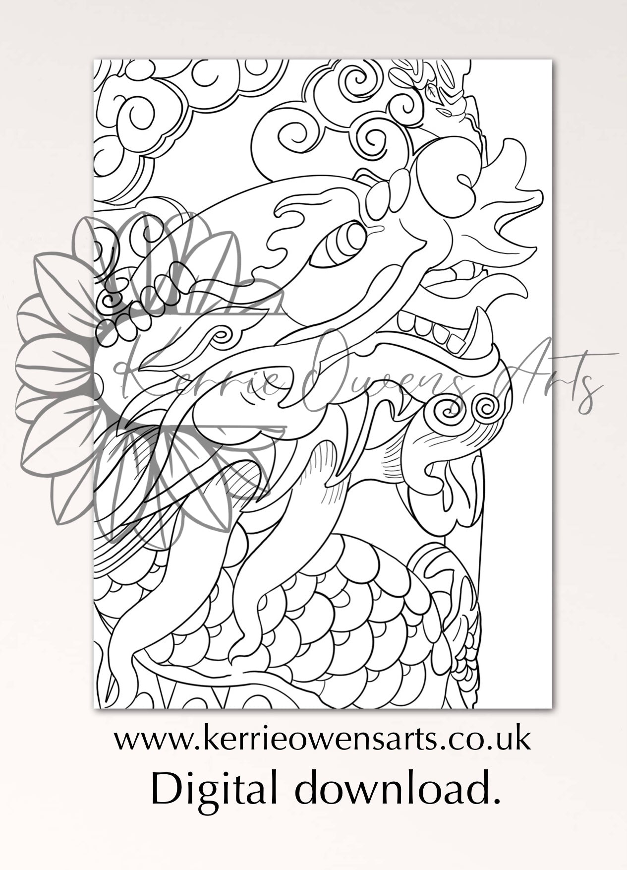 Hon kong dragon colouring book page, digital download.