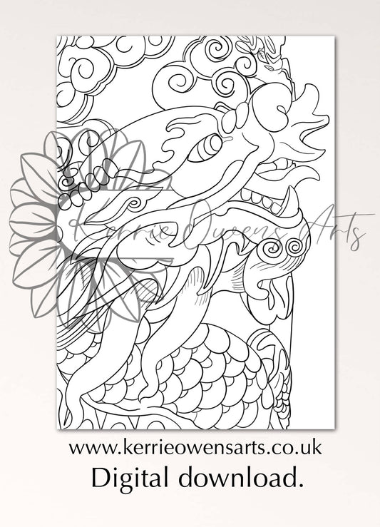 Hon kong dragon colouring book page, digital download.