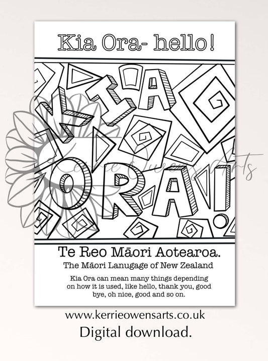 Kia Ora Te Reo Māori colouring book page, digital download.