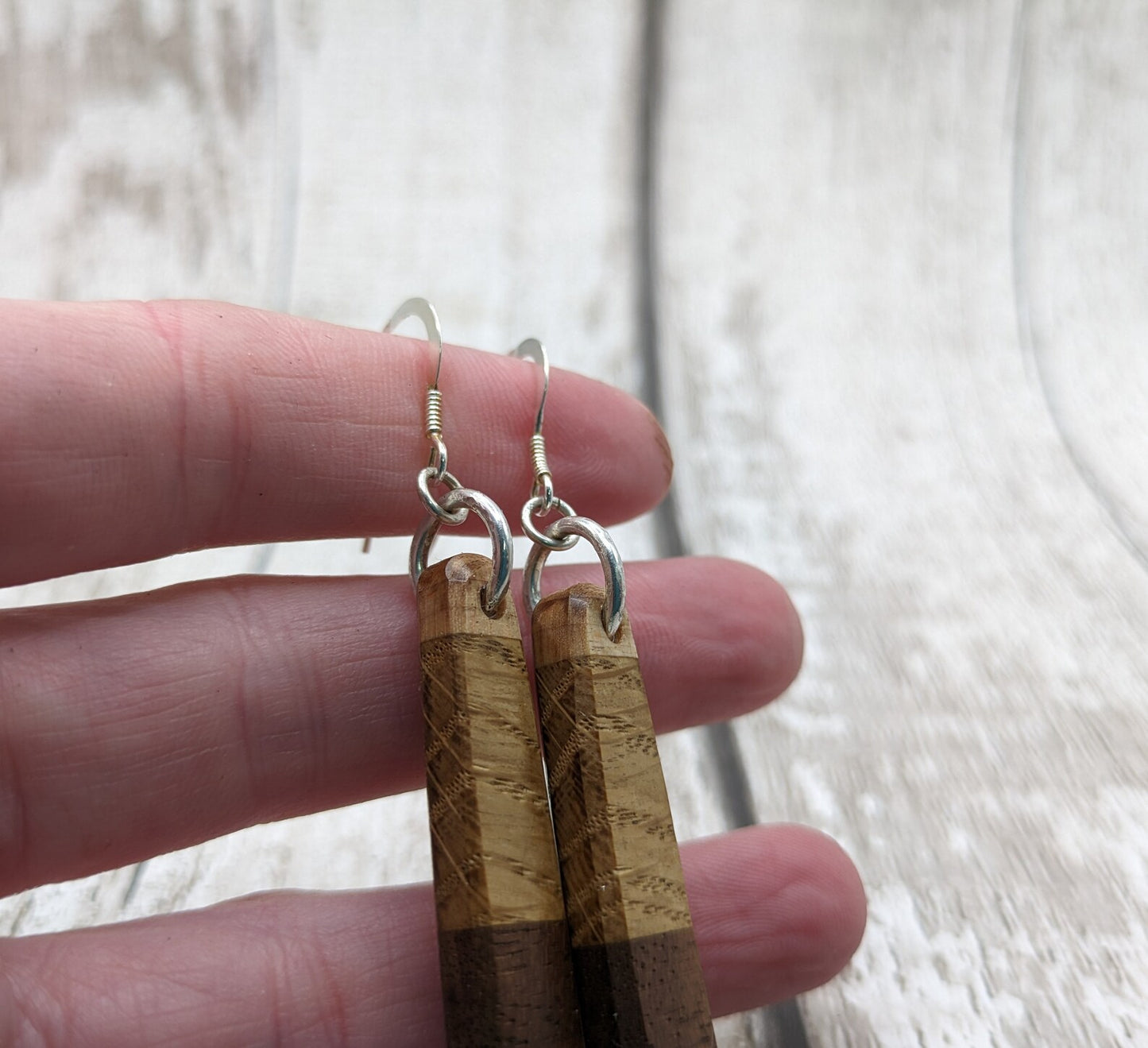 Mixed wood roimata teardrop earrings.