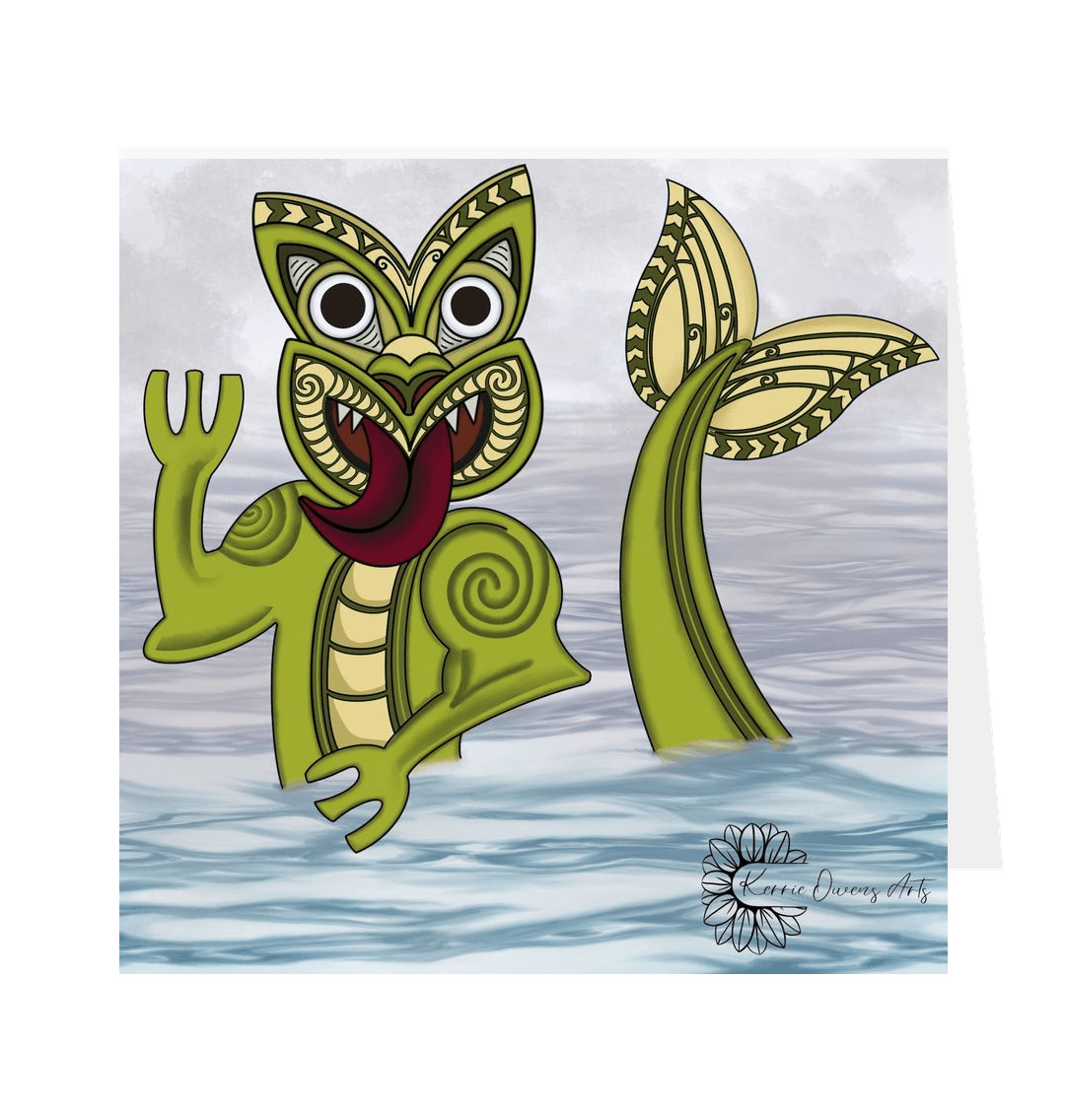 White The happy Taniwha greetings card.