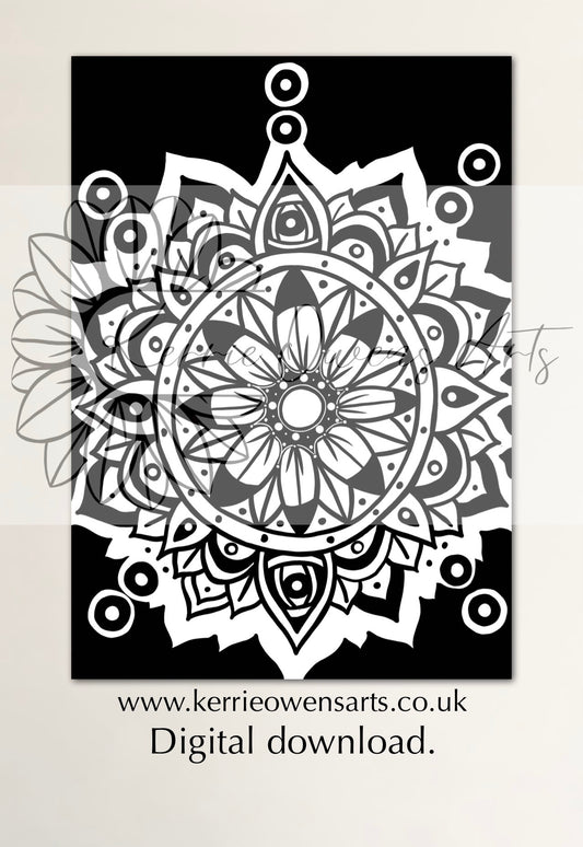 Sunflower mandala colouring page, digital download.