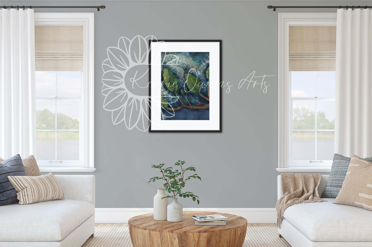 Woodland night magic digital illustration poster print.