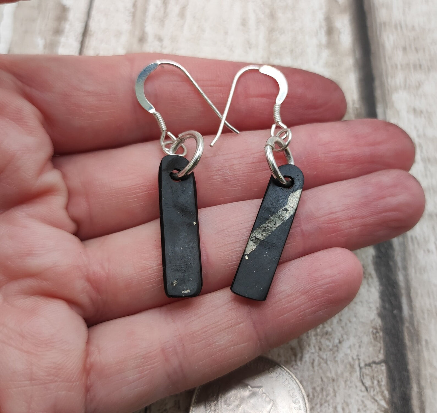 Shungite stone, Toki styled, fish hook earrings.