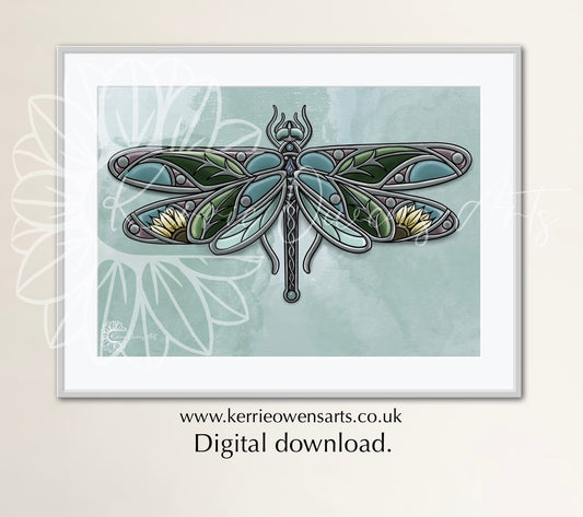 Stained glass dragonfly illustration, digital download.