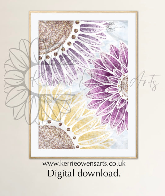 Three sunflower blooms, illustration, digital download.