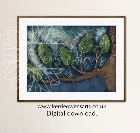 Night time woodland glow horizontal illustration, digital download.