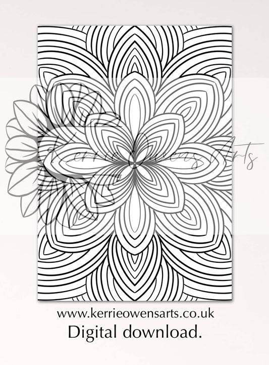 Symmetric petal pattern colouring in page, digital download.