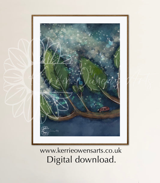 Nighttime woodland glow vertical illustration, digital download.