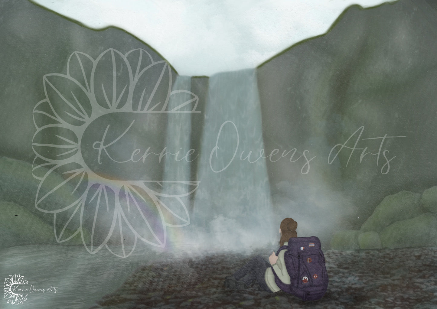 Self reflection at Skogafoss, illustration. Artwork, digital download.