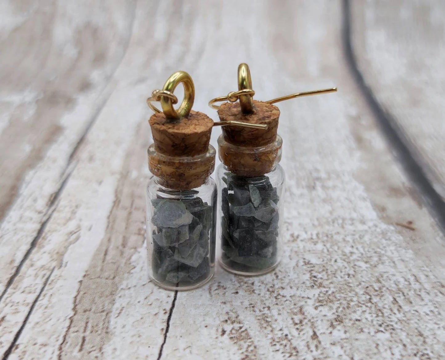 Mixed New Zealand Pounamu Greenstone chips in a bottle earrings.