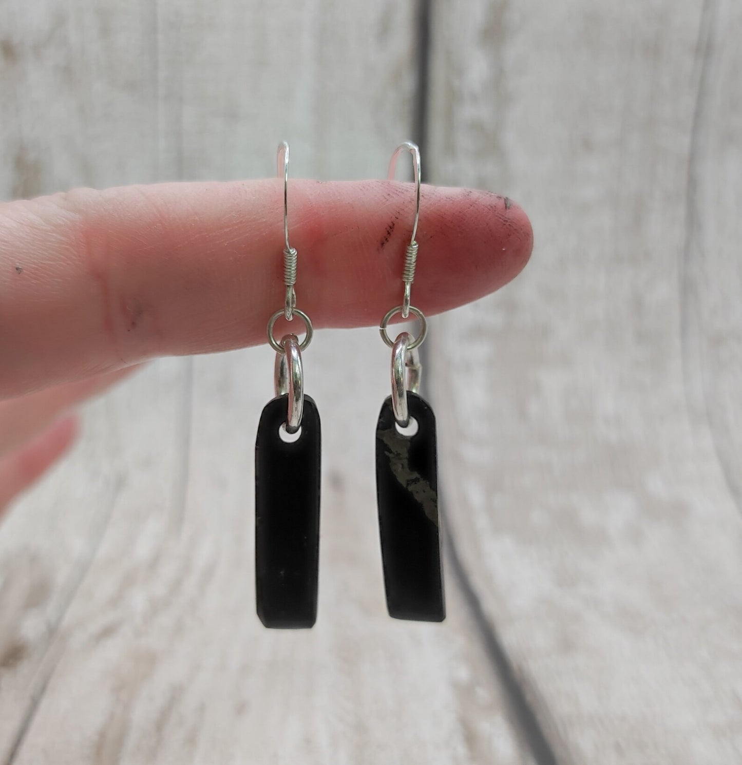 Shungite stone, Toki styled, fish hook earrings.