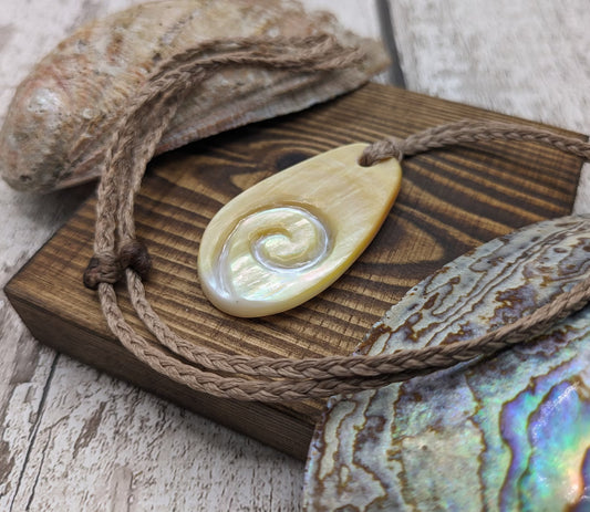 Mother of Pearl roimata teardrop, Koru spiral pendant