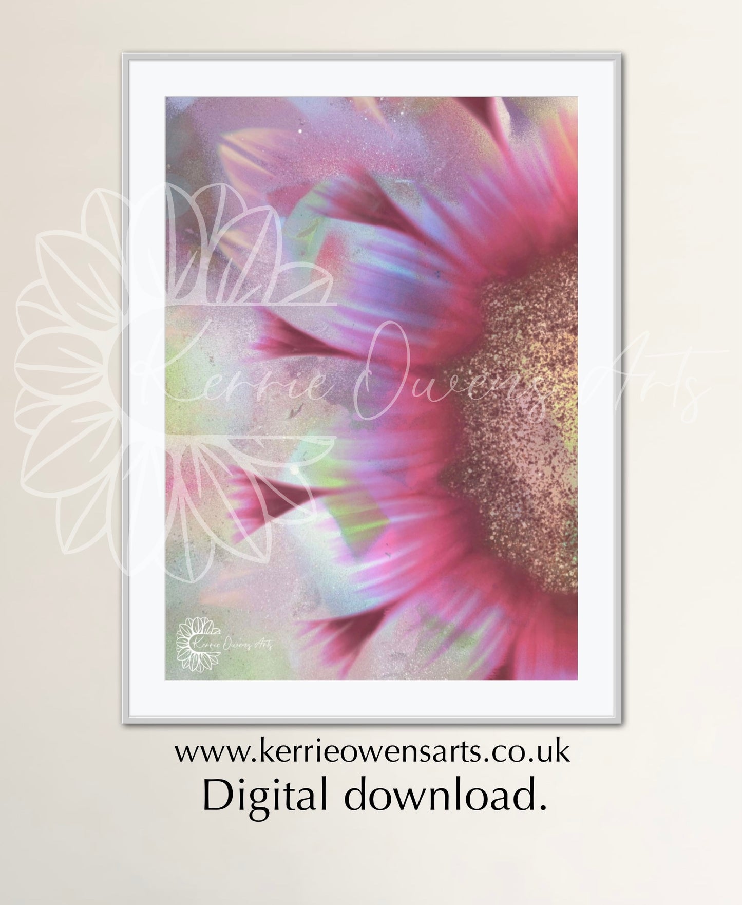 Pink spray paint textured sunflower illustration, digital download.