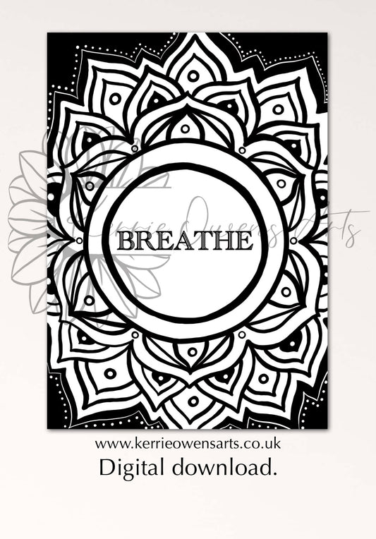 Just breathe geometric lotus colouring book page, digital download.