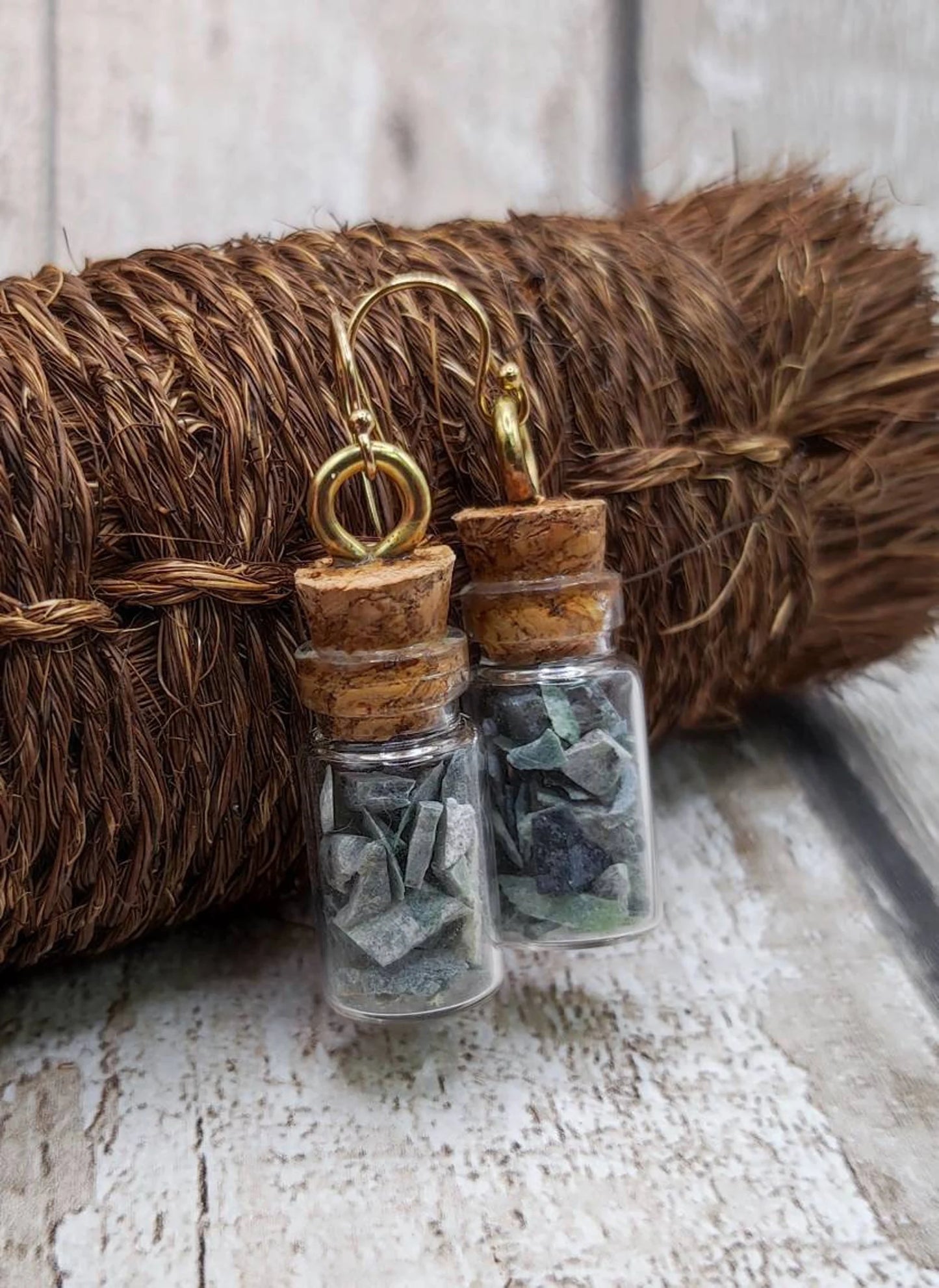 Mixed New Zealand Pounamu Greenstone chips in a bottle earrings.