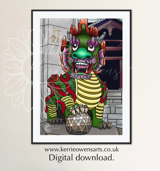 The dragon of Hong Kong illustration and colouring sheet, digital download bundle.