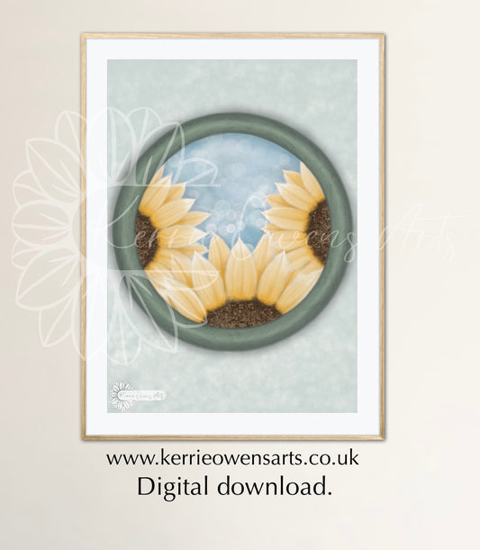 Triple sunflower window illustration, digital download.