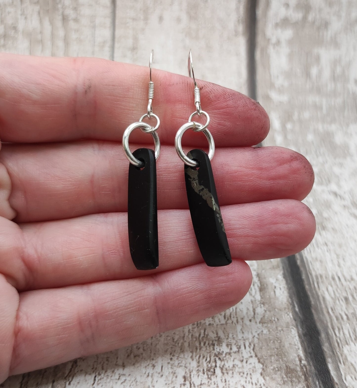 Shungite stone, Toki styled, fish hook earrings.