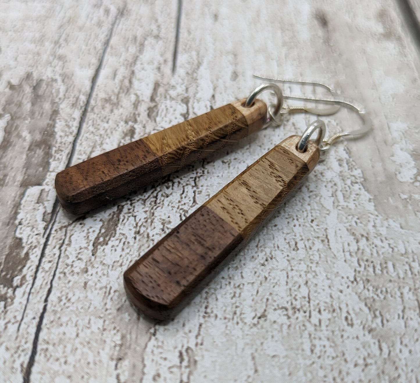 Mixed wood roimata teardrop earrings.