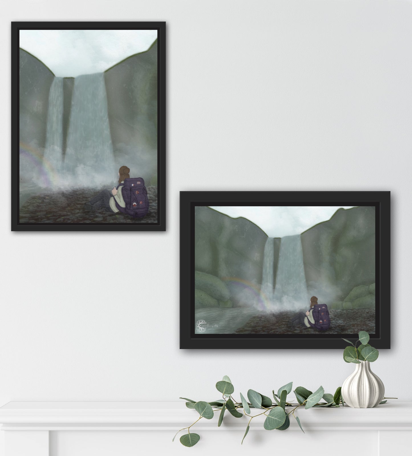 Self reflection at Skogafoss, illustration. Artwork, digital download.