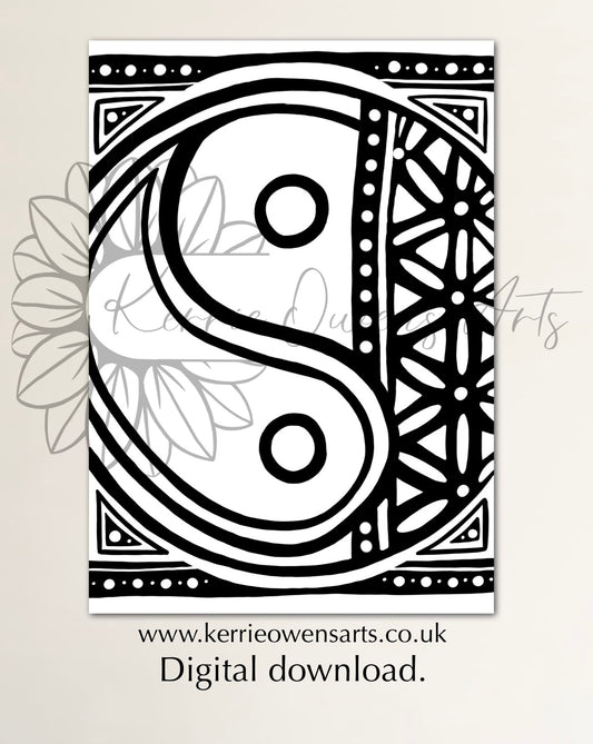 Yin yang flower of life colouring book page, digital download.