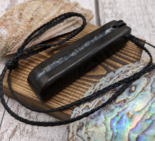 Bog oak, wooden Hei Toki adze pendant with blue kyanite, rose quartz and moldavite inlay