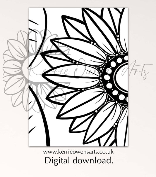 Side view sunflower colouring in page, digital download.