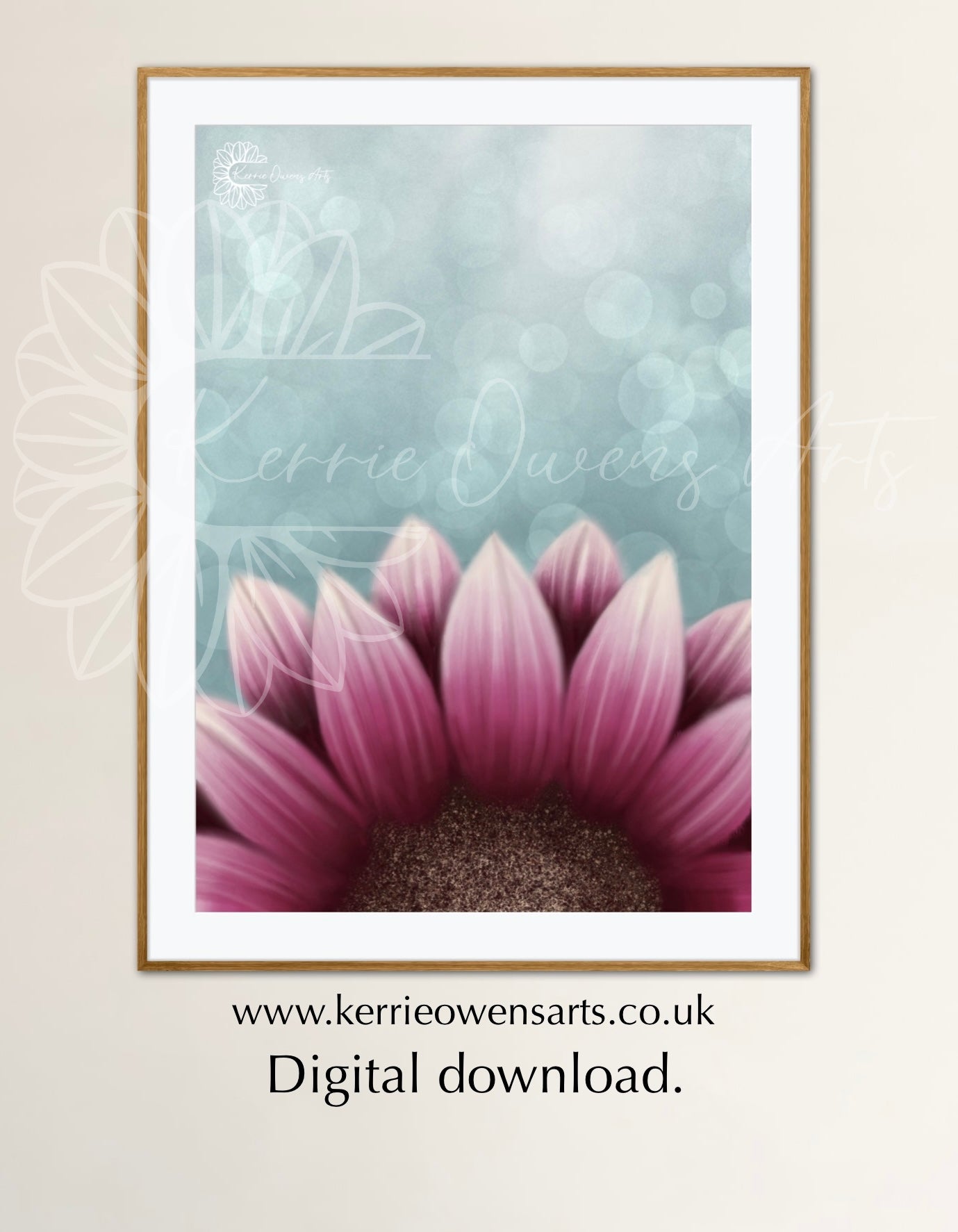 The Pink sunflower, illustration print, digital download.