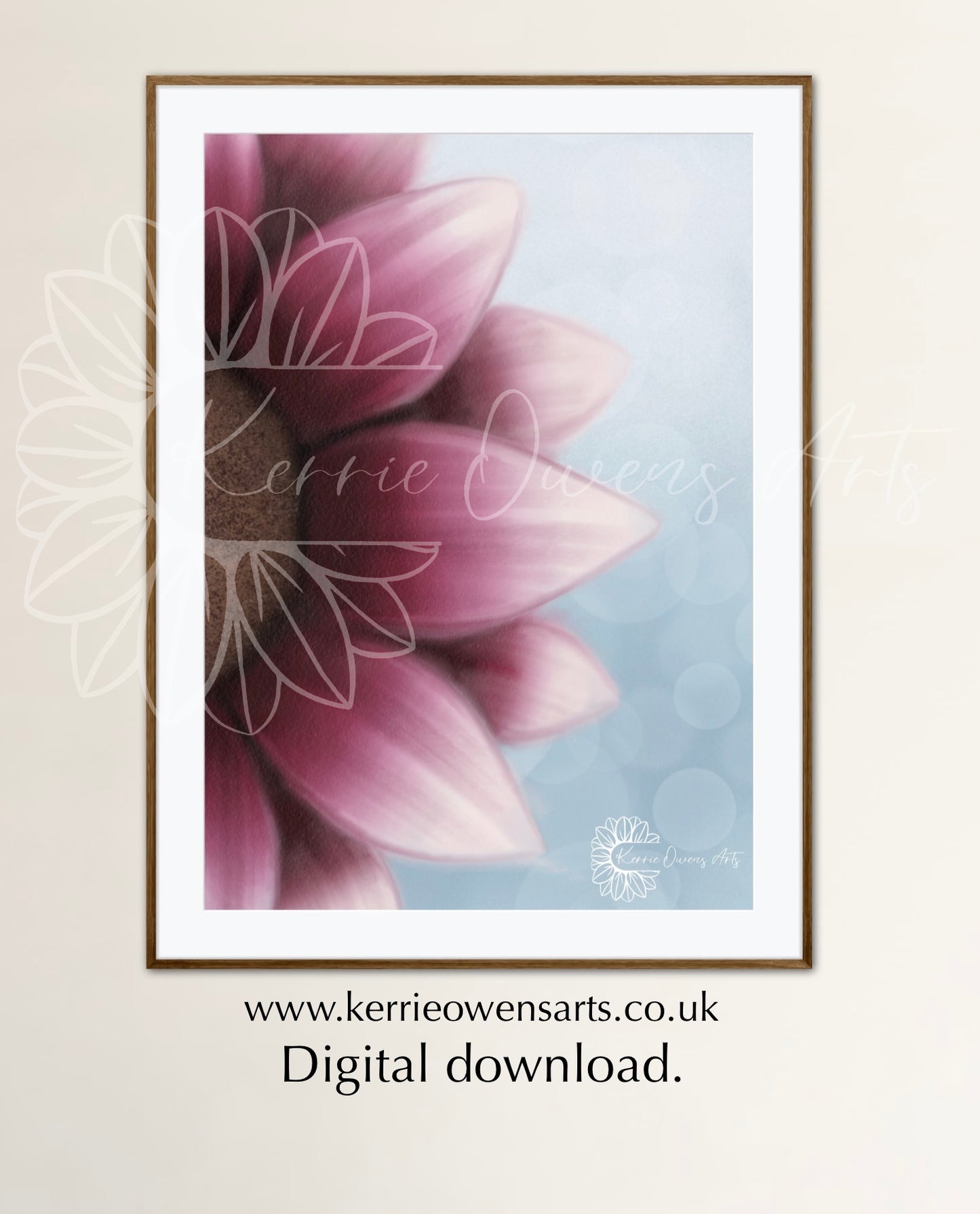 Pink magnolia left view sunflower illustration. Digital download.