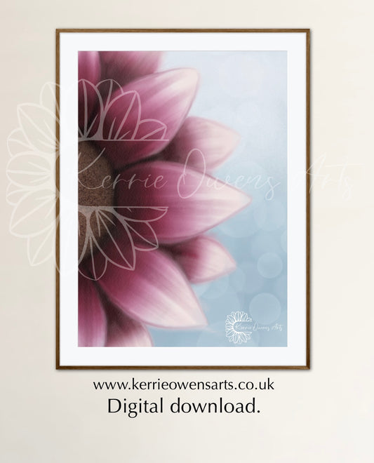 Pink magnolia left view sunflower illustration. Digital download.