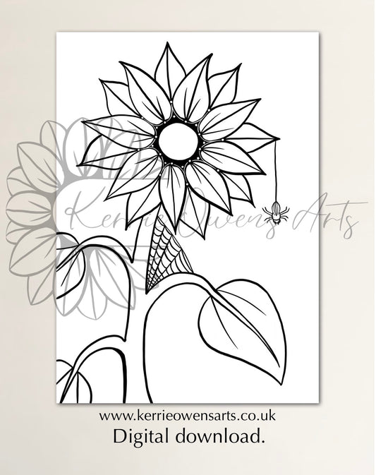 Sunflower and spider colouring in page, digital download.