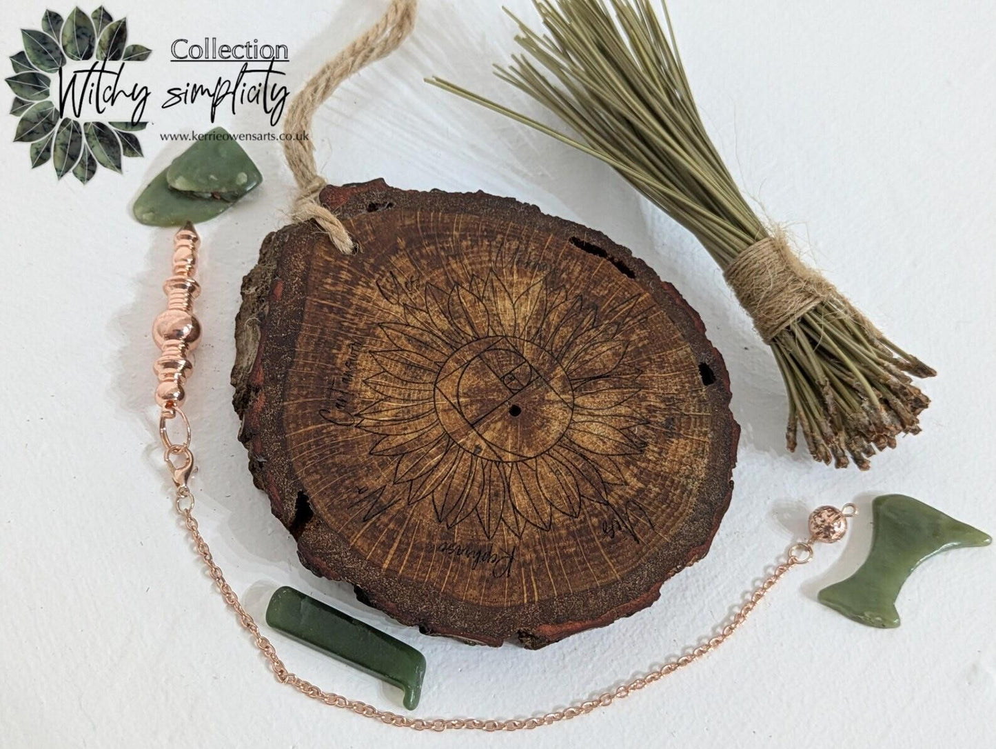 Oak wood slice sunflower and Fibonacci sequence print pendulum board.